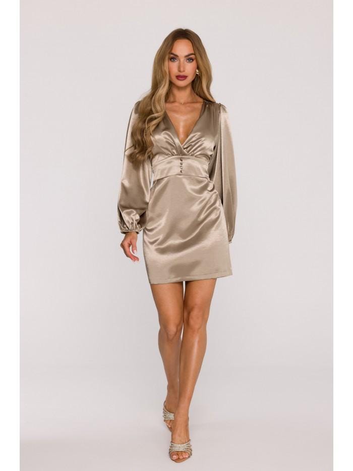 Champagne Satin Mini Dress | Wrap V-neck, Long Sleeve Party Outfit