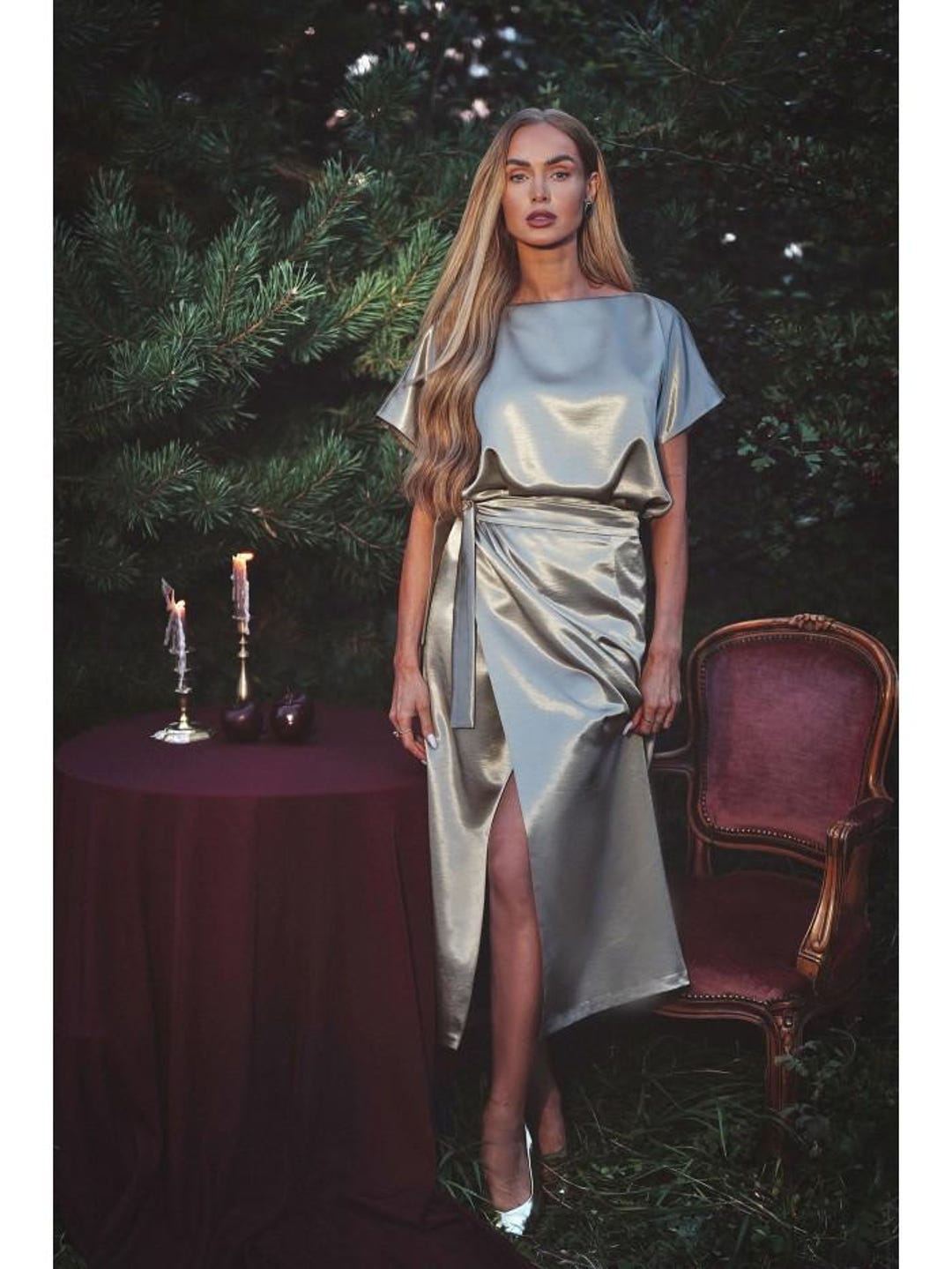 boat neck satin midi dress Green Satin Boat Neck Slip Midi Dress & Reviews - Green - Dresses