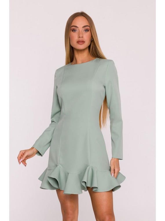 green emerald velvet dress Sage Floral Short Dress with Long Sleeves