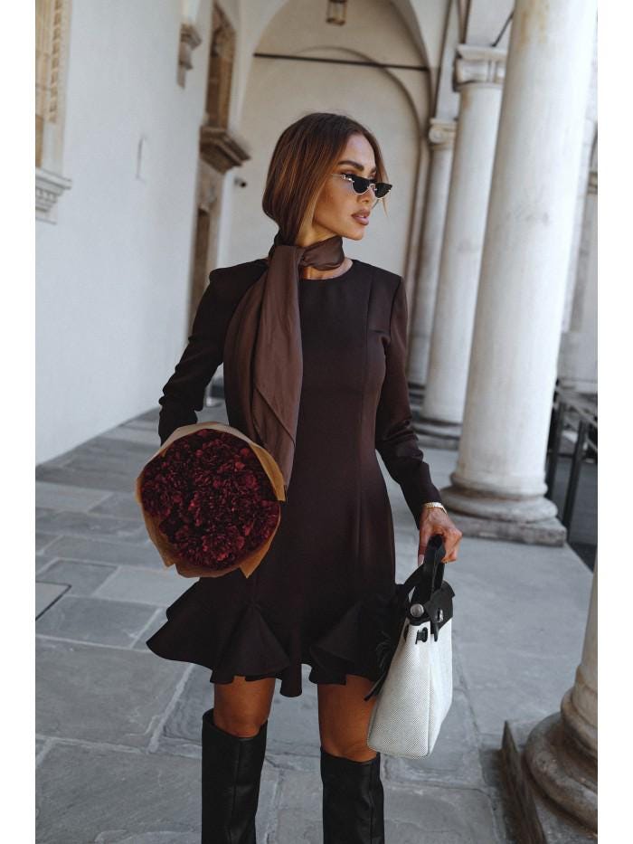 knee length dresses for ladies Viola Brown Long Sleeve Mini Dress - US 10 main image 0