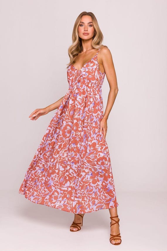 Floral Jacquard Maxi Dress, Adjustable Straps, Made in EU