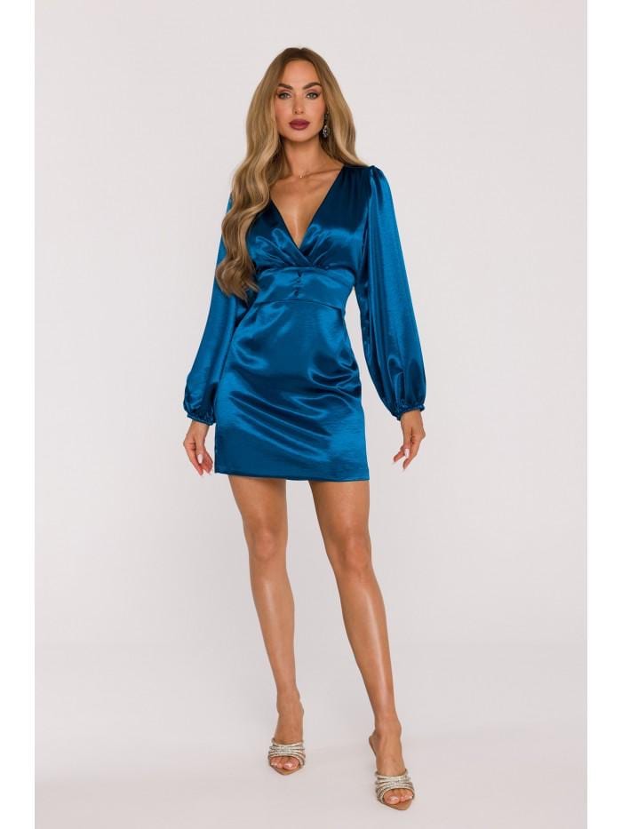 Champagne Satin Mini Dress | Wrap V-neck, Long Sleeve Party Outfit