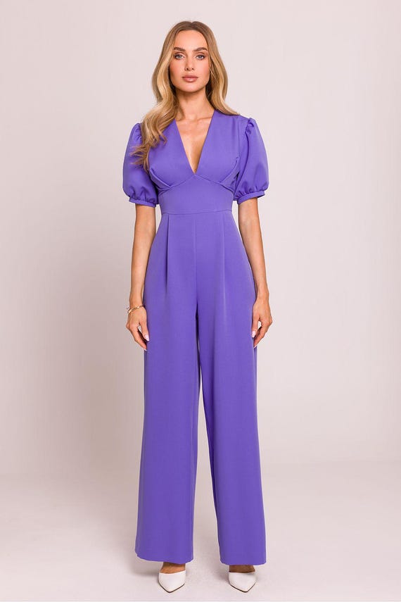 Lavender Puff Sleeve Jumpsuit - Elegant Wide-Leg Outfit for Wedding Guest, Graduation, or Summer Party 2025