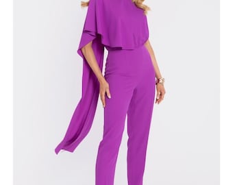 Asymmetric cape jumpsuit with defined waist, Made in Europe