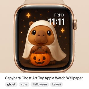 Capybara Ghost Apple Watch Wallpaper – Cute Halloween Chibi Art Toy Face, Digital Download for Series 7 8 9 Ultra
