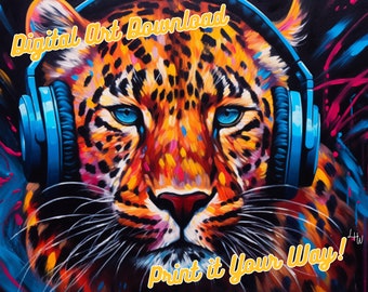 Leopard, Jammin' Music Headphones Collection Chunky Drippy Acrylic Bold Digital Downloadable ArtGraffiti