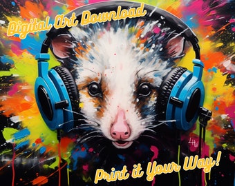 Opossum, Jammin' Music Headphones Collection Chunky Drippy Acrylic Bold Digital Downloadable ArtGraffiti