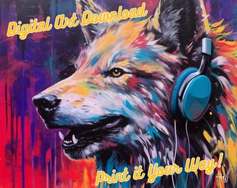 Bright Wolf, Jammin' Music Headphones Collection Chunky Drippy Acrylic Bold Digital Downloadable ArtGraffiti