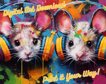 Mouse Pair Mice, Jammin' Music Headphones Collection Chunky Drippy Acrylic Bold Digital Downloadable ArtGraffiti