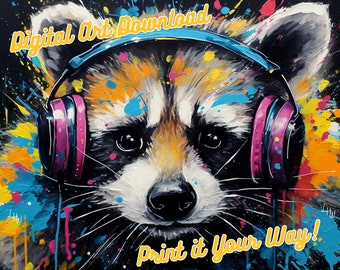 Raccoon, Jammin' Music Headphones Collection Chunky Drippy Acrylic Bold Digital Downloadable ArtGraffiti