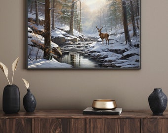 Snowy Woods with Buck Nature Collection Deer Outdoors Creek Winter Horizontal Landscape Orientation Giclée Art Print