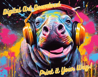 Baby Hippo, Jammin' Music Headphones Collection Chunky Drippy Acrylic Bold Digital Downloadable ArtGraffiti