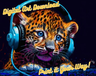 Baby Leopard with Blue Eyes, Jammin' Music Headphones Collection Chunky Drippy Acrylic Bold Digital Downloadable ArtGraffiti