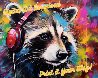 Raccoon Side, Jammin' Music Headphones Collection Chunky Drippy Acrylic Bold Digital Downloadable ArtGraffiti