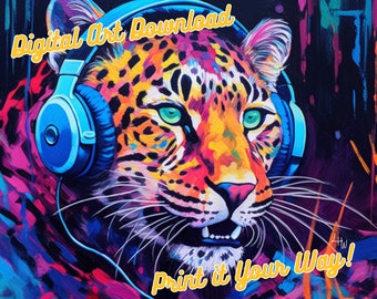 Adult Leopard with Blue Eyes, Jammin' Music Headphones Collection Chunky Drippy Acrylic Bold Digital Downloadable ArtGraffiti