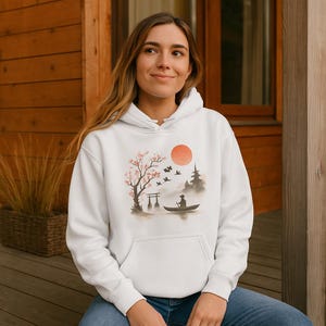 Unisex Hoodie, Japanese Aesthetic – Minimalist Ukiyo-e Style Sweatshirt with Red Sun, Sakura Tree & Boat Scene