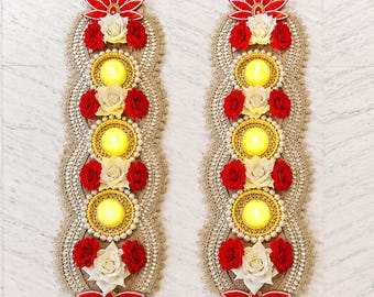 Runner da tavola floreale con portacandele, centrotavola per Diwali, decorazioni per matrimoni, decorazioni per la tavola, decorazioni per l'inaugurazione della casa, decorazioni per la puja.