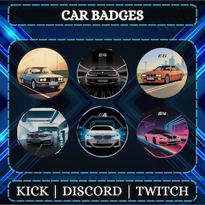 Puede incluir: Ilustración digital con seis insignias de coches diferentes. Cada insignia circular muestra un modelo de coche distinto sobre un fondo azul. El texto "CAR BADGES" está en la parte superior, y "KICK | DISCORD | TWITCH" en la inferior.