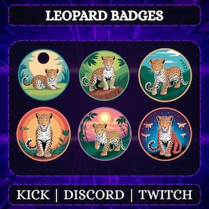 May include: Six circular leopard badges with different backgrounds, including a sunset, a jungle, and a night scene. Each badge features a detailed illustration of a leopard. The text "LEOPARD BADGES" is at the top, and "KICK | DISCORD | TWITCH" is at the bottom.