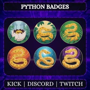 Op de afbeelding: Zes kleurrijke Python-badges met illustraties van gele slangen in verschillende omgevingen. De badges zijn rond en tonen bovenaan de tekst "PYTHON BADGES". De onderkant van de afbeelding bevat de tekst "KICK | DISCORD | TWITCH".