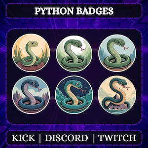 Peut inclure: Ensemble de six badges Python circulaires avec des illustrations de serpents de dessins animés dans divers environnements. Le texte "PYTHON BADGES" est en haut, avec "KICK | DISCORD | TWITCH" en bas.