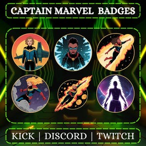 May include: Circular Captain Marvel badges featuring various illustrations of the superheroine in action poses. The badges have a black border and are set against a green and black background. Text at the top reads "CAPTAIN MARVEL BADGES".