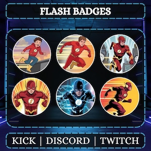 May include: Circular Flash badges featuring various illustrations of the superhero in action poses. The badges showcase the Flash in different costumes and settings, with vibrant colors and dynamic designs. Text at the top reads "FLASH BADGES" and at the bottom "KICK | DISCORD | TWITCH".