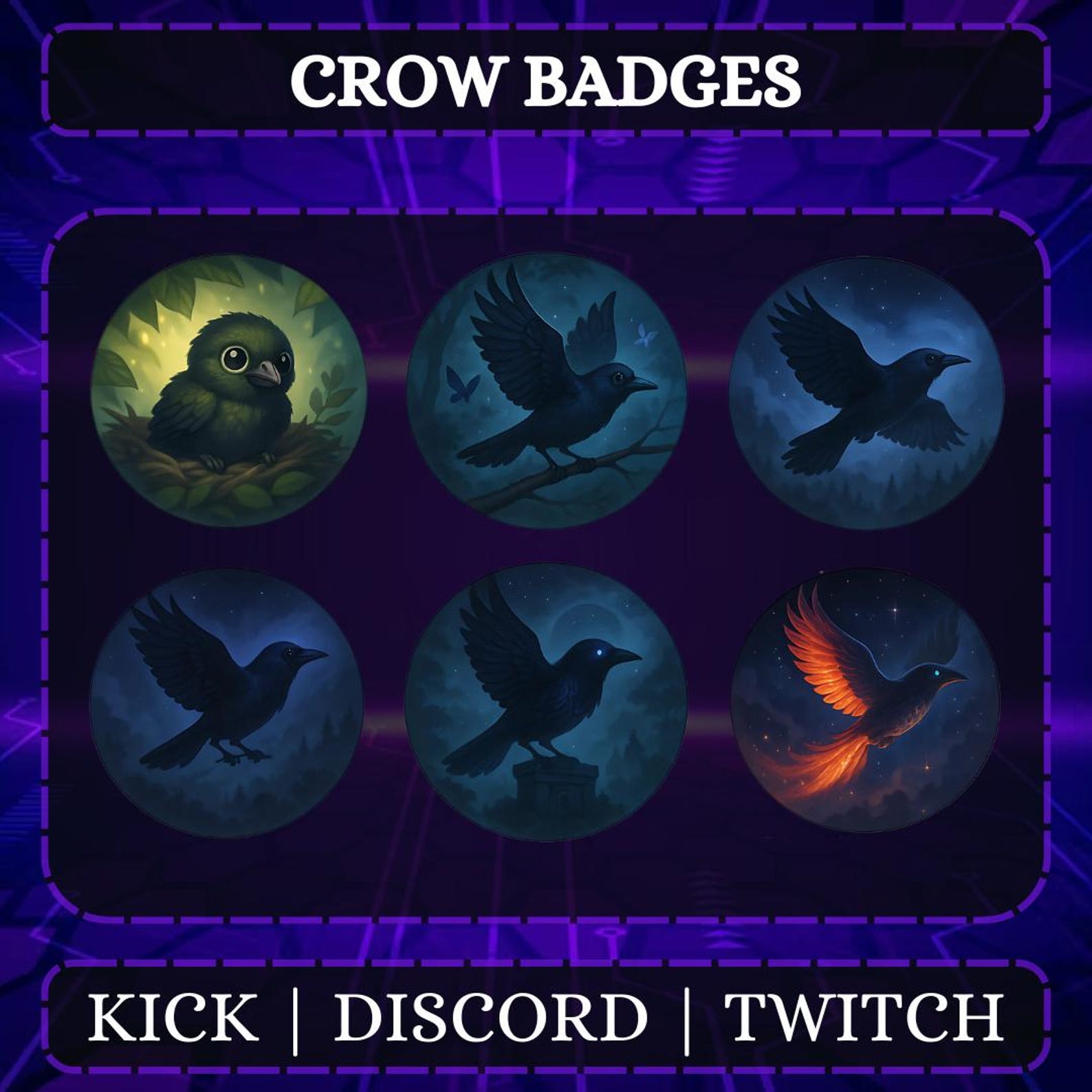 Crow Twitch Subscriber Badges PNG | Dark Bird Sub Bit Icons for Twitch ...