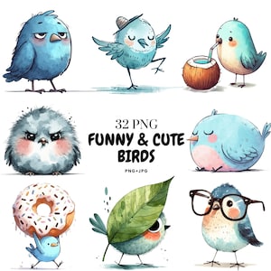 32 aves de acuarela peculiares y tontas, animales, imágenes prediseñadas PNG / Gráficos de animales y aves lindos / Descarga digital por sublimación imprimible / Uso comercial