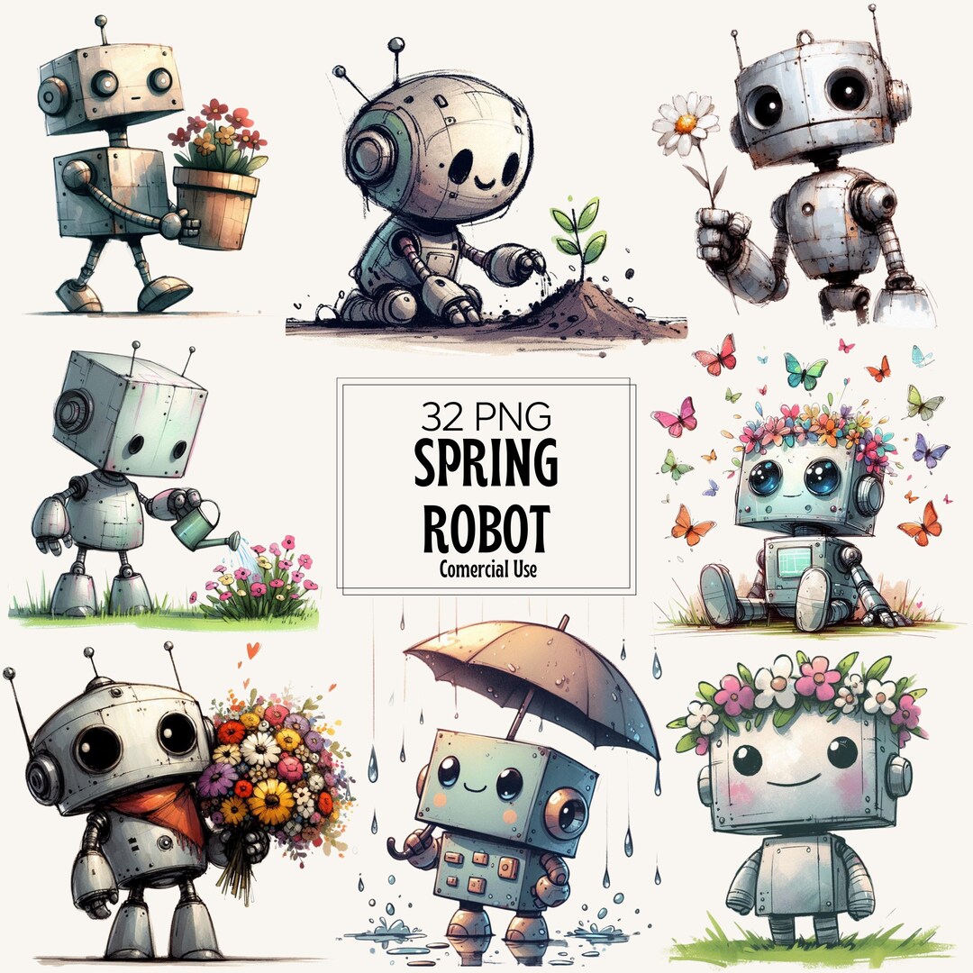 32 JPG Whimsical Spring Robot Clipart With Sunflower – Spring Nursery ...