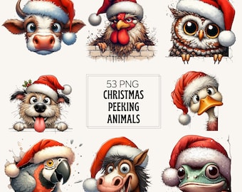 Christmas Peeking Animals Clipart: 53 PNGs, Watercolor Style (Digital Download)