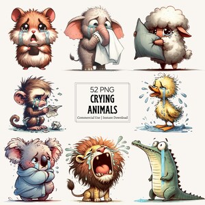 May include: A digital graphic featuring illustrations of crying animals, including a hamster, elephant, sheep, monkey, duckling, koala, lion, and crocodile. The image includes the text "52 PNG CRYING ANIMALS Commercial Use | Instant Download."