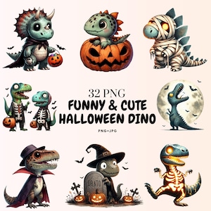 32 Spooky Cute Dinosaur Clipart PNG & JPGs | Watercolor Halloween Dino, Witch Hat, Stickers, Sublimation, Scrapbook, Decor - Commercial Use