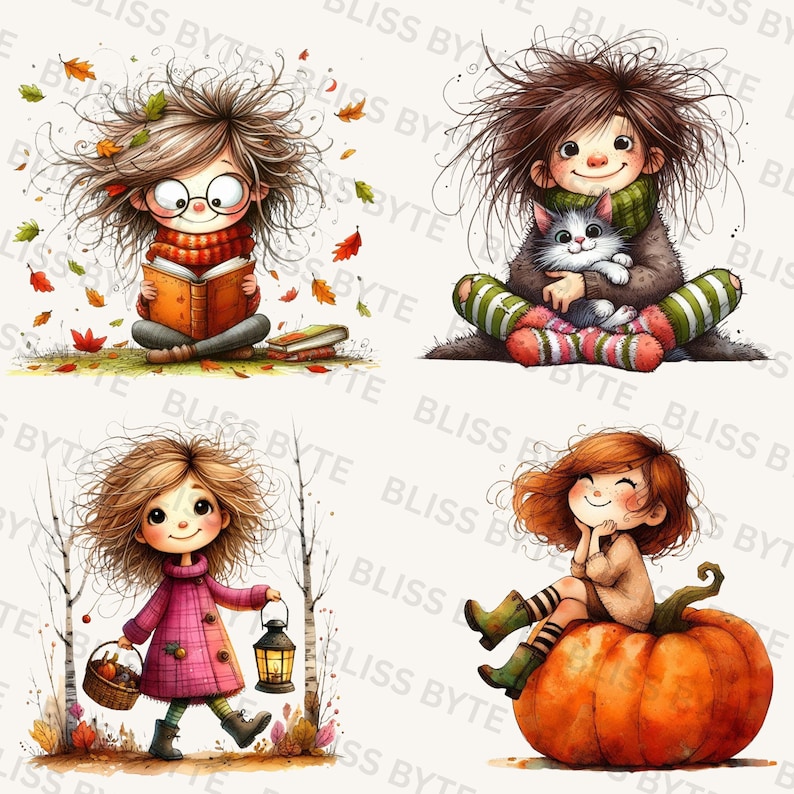 25 Cozy Autumn Watercolor Girls Clipart Bundle, Whimsical Fall PNG ...