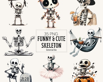 May include: A collection of 35 PNG skeleton illustrations featuring various characters including a skeleton holding a BOO-YAH sign, one wrapped in string lights, one wearing a hat and coat, one meditating, one in a hammock, one by a tombstone, one in a tutu, and one jumping on a pumpkin.