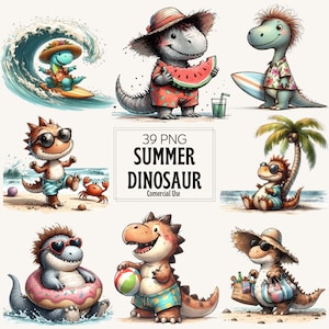 May include: A collection of cartoon dinosaurs enjoying summer activities. One surfs, another eats watermelon, and others relax on the beach. The image includes the text "39 PNG SUMMER DINOSAUR Commercial Use."