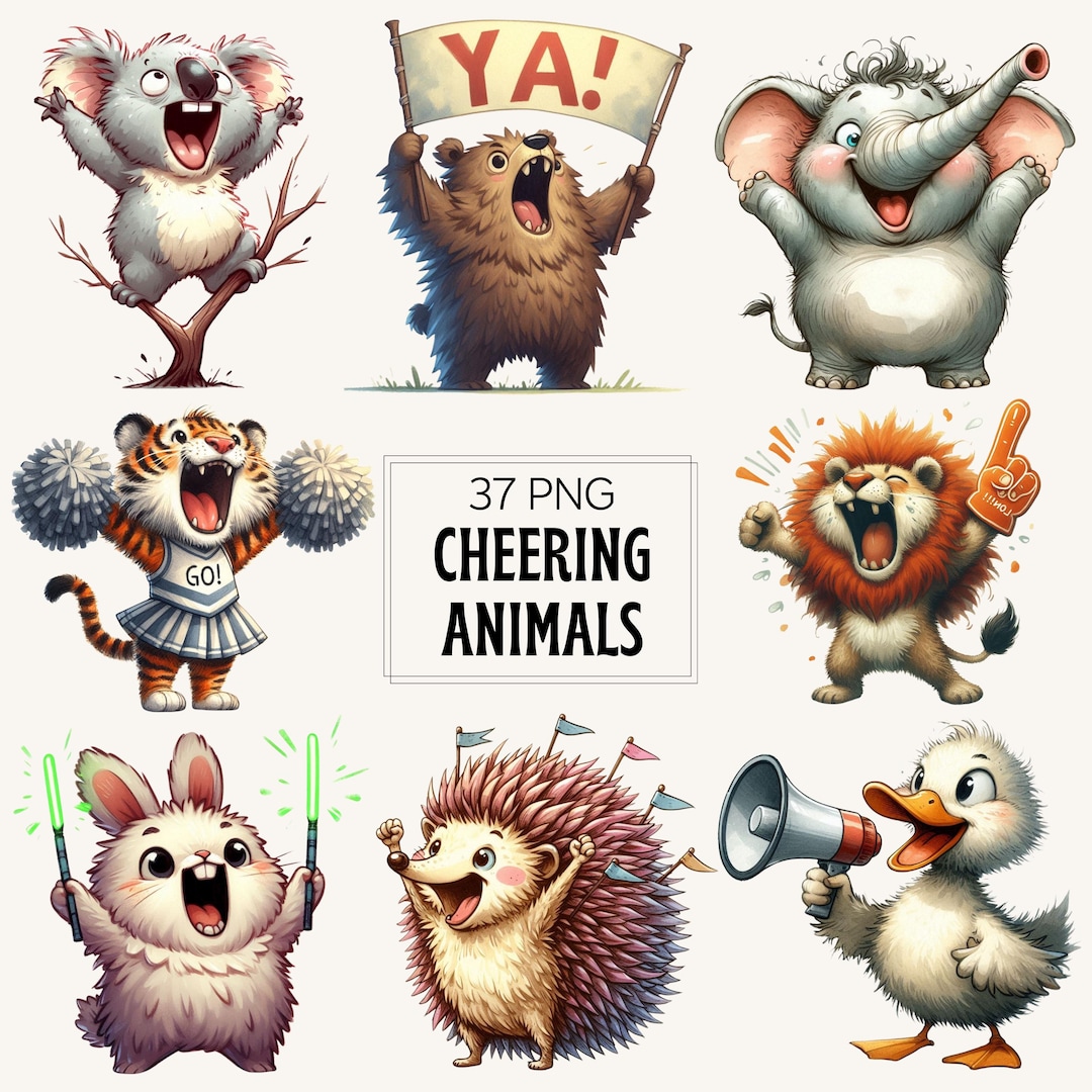 37 Happy Cheering Animal Clipart Set, Watercolor Pngs, Kids Decor ...