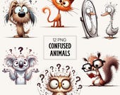 Funny Confused Animals Clipart: Watercolor Reaction Stickers (Digital Download, Commercial Use)