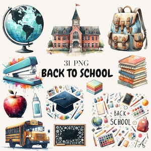 Könnte beinhalten: Aquarellillustrationen zum Thema Schule. Enthält einen Globus, ein Schulgebäude, einen Rucksack, einen Stapel Bücher, einen Tacker, einen Apfel, einen Schulbus und den Text "Back to School".