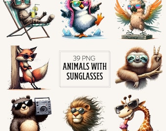 Watercolor Animals with Sunglasses Clipart: Funny Summer PNGs (Digital Download)
