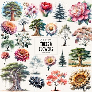 May include: A collection of watercolor illustrations of trees and flowers. The image includes various types of trees, such as pine trees and bonsai trees, and flowers like roses, tulips, and daisies. The text "89 PNG TREES & FLOWERS Commercial Use" is also present.