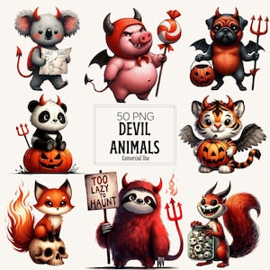 May include: A collection of 50 PNG digital illustrations featuring cartoon animals dressed as devils, including a koala with a map, a pig with a lollipop, a pug with a trident, a panda on a pumpkin, a tiger, a fox on a skull, and a sloth.