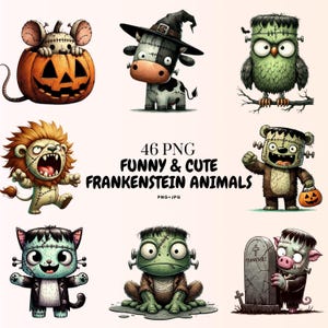 46 Watercolor Spooky Cute Frankenstein Animals Clipart PNG | Kawaii Halloween Animal Stickers for Sublimation, Scrapbooking, Crafts & Decor