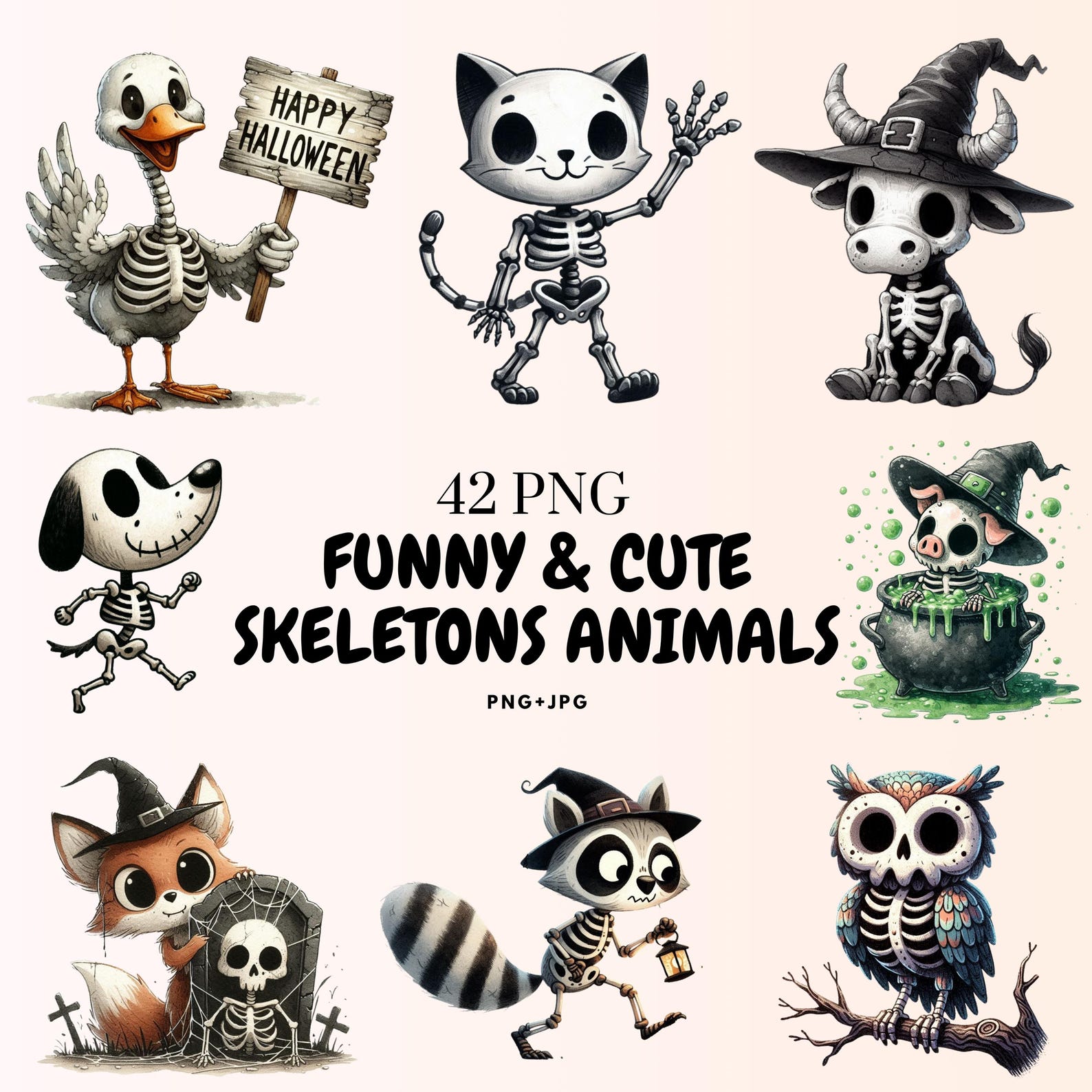 42 Watercolor Spooky Cute Skeleton Animals Clipart PNG | Halloween ...