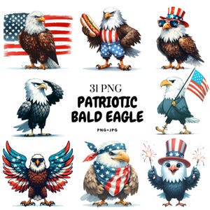 Patriotic Bald Eagle Clipart: Watercolor USA Flag PNGs