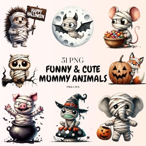 51 Watercolor Spooky Cute Mummy Animals Clipart PNG | Kawaii Halloween Animal Stickers for Sublimation, Scrapbooking, Crafts & Decor