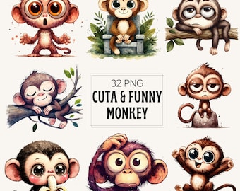 32 Watercolor Monkey Clipart: Funny Jungle Animals for Nursery Art (PNG Digital Download)