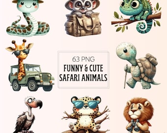 Aquarell Safari Tier Clipart Bundle: Lustige PNG & JPG Designs