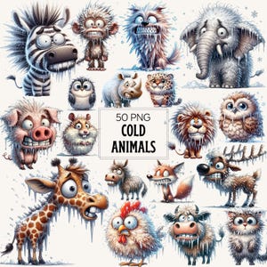 May include: A digital illustration featuring a collection of cartoon animals, including a zebra, monkey, and elephant, with exaggerated expressions and icicles. The image includes the text "50 PNG COLD ANIMALS".
