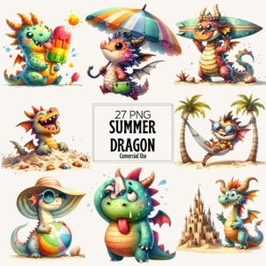 Può includere: Una collezione di 27 illustrazioni di draghi estivi in formato PNG con varie scene che includono un drago con un ghiacciolo, ombrellone, tavola da surf, amaca, pallone da spiaggia e castello di sabbia, con il testo 27 PNG SUMMER DRAGON Comercial Use.